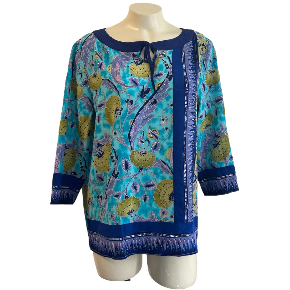 Diane Gilman Blue Green 3/4 Sleeve Tie Front Blouse MED